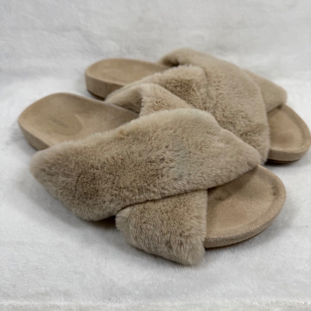 Birdies The Robin Faux Fur Criss Cross Slipper Slides Fawn Beige‎ Womens Size 7